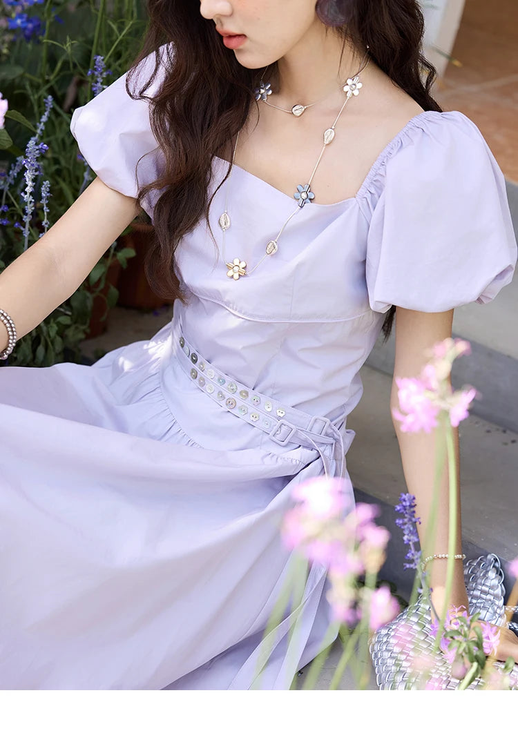 MISHOW French Purple Dresses Women Summer 2025 Solid Short Puff Sleeve Square Neck Slimming Dress Woman New Fashion MXE34L2222