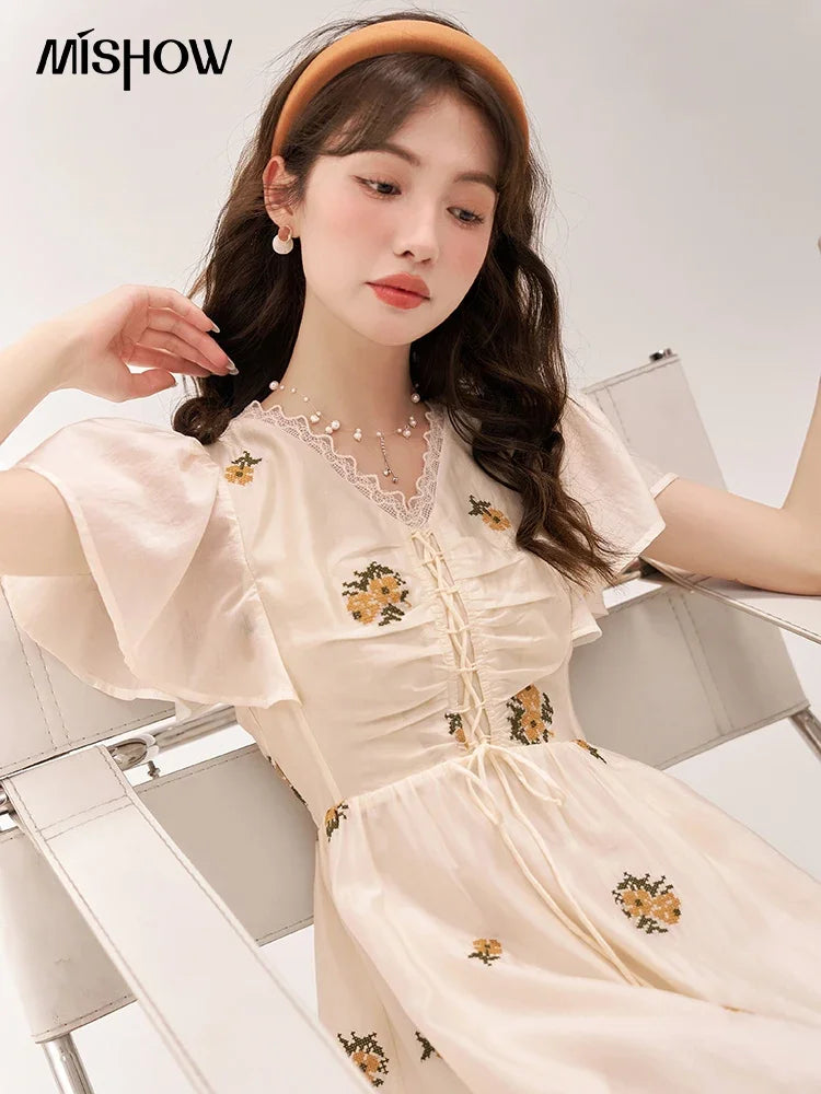 MISHOW [Van Gogh/Sunflower Collection] Embroidered Dress 2023 Summer Sweet Butterfly Sleeve V Neck Lace Splice Dress MXC39L1524