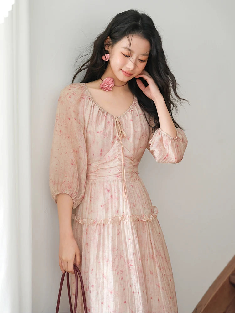 MISHOW Korean Women's Floral Pink Dress Autumn Convertible V Neck Off Shoulder Bubble Sleeves Elastic Waist Dresses MXE41L2479