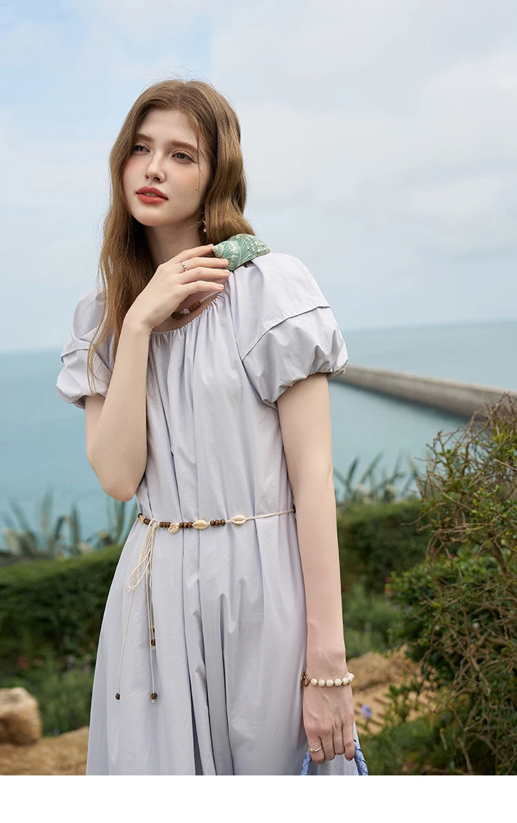 MISHOW 100 Cotton Bohemian Dress 2024 Summer French Elegant Elastic Round Neck Bubble Sleeve Long Dresses with Belt MXD26L1940