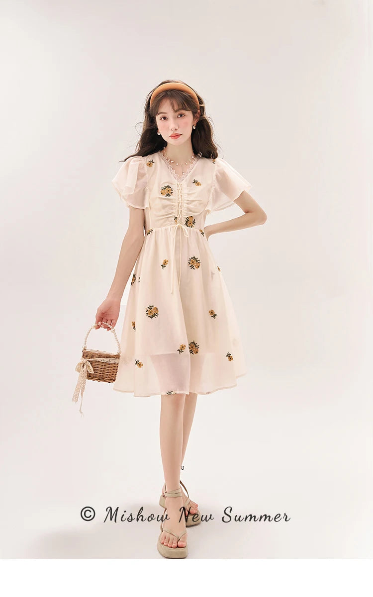 MISHOW [Van Gogh/Sunflower Collection] Embroidered Dress 2023 Summer Sweet Butterfly Sleeve V Neck Lace Splice Dress MXC39L1524