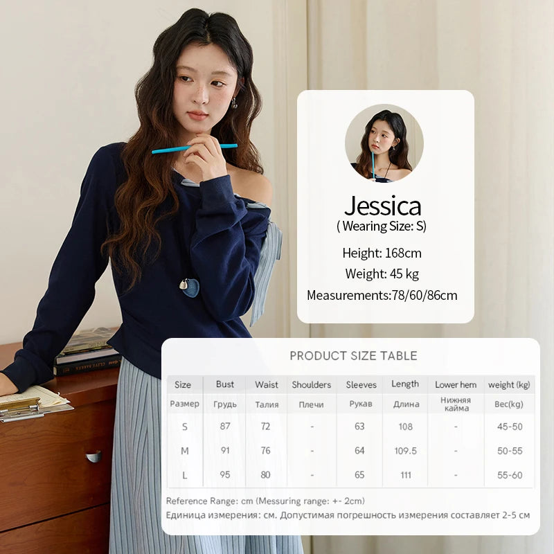 MISHOW Woman Striped Dress 2025 Autumn Blue Navy Slash Neck Contrast Lace Long-sleeved Dress Sexy Clothes for Women MXE45L2516