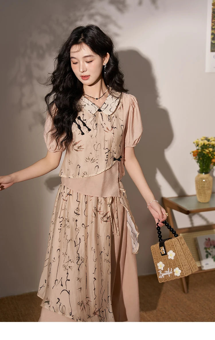 MISHOW Chinese Polo Neck Top Asymmetric Fork Skirt Separately Summer Floral Puff Sleeve Shirt High Waist A-line Skirt MXD22X1396