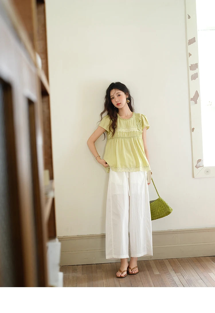 MISHOW Women's Fashion Round Neck Blouse 2025 Summer New Short Sleeve Mushroom Edge Lace Decoration Female Casual Top MXE39X1887