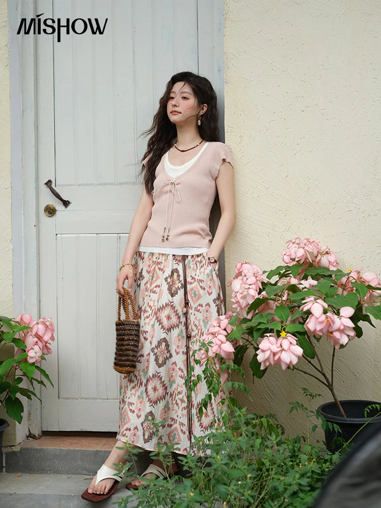 MISHOW Round Neck Patchwork Knitt Sweater for Women 2025 Summer Flying Sleeve Lace Up Versatile Top Female Clothing MXE37Z1278