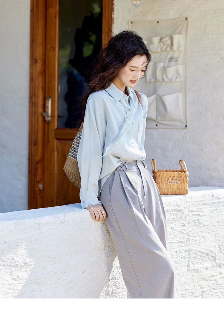 MISHOW French Spring Blouses Women 2025 New Long Sleeve Turn-down Collar Loose Shirts Female Fashion Lace Casual Tops MXE16C0760