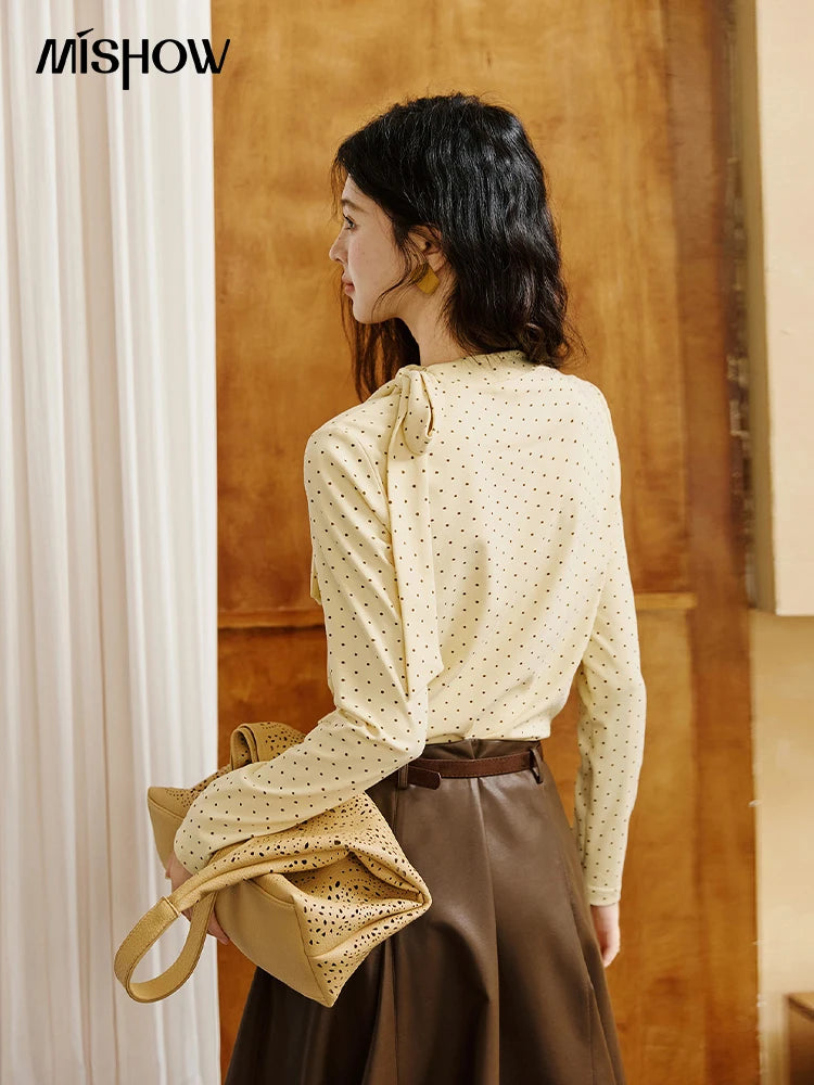 MISHOW Elegant Woman Pullovers 2025 Autumn Sweet Retro Yellow Polka Dot Knitted Top Lace Up Collar Slim Fit Tops MXE45Z1379