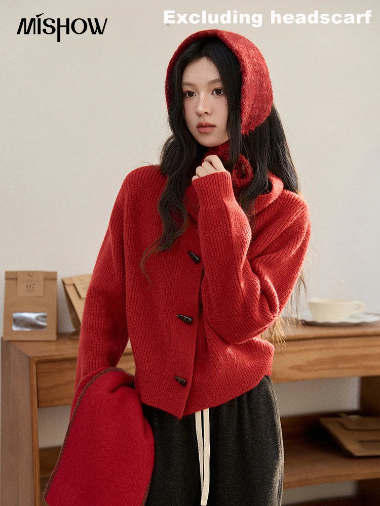 MISHOW Women's Retro Red Bull Horn Button Sweater 2025 Winter Arctic Velvet Warm Knitted Sweater Excluding Headscarf MXE90Z2819