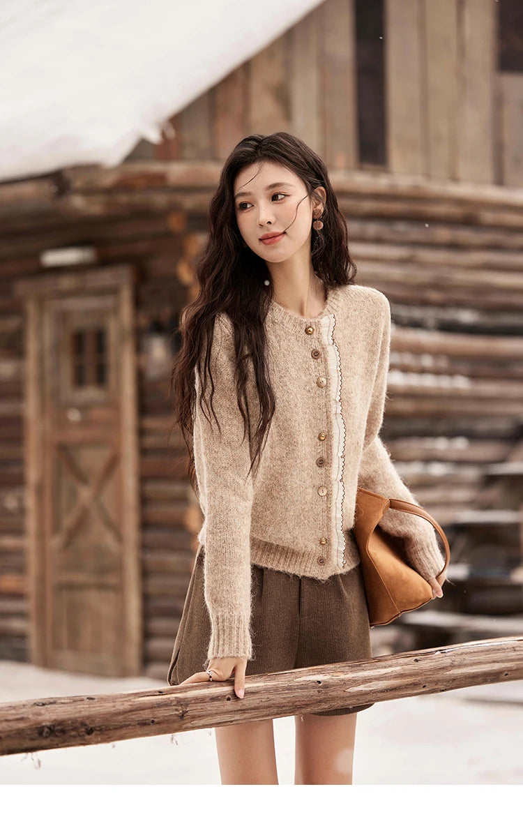 MISHOW Spliced Lace Knitted Cardigan O-Neck Sweaters Women Button Design Temperament Long Sleeved Tops Office Lady MXD58Z0998