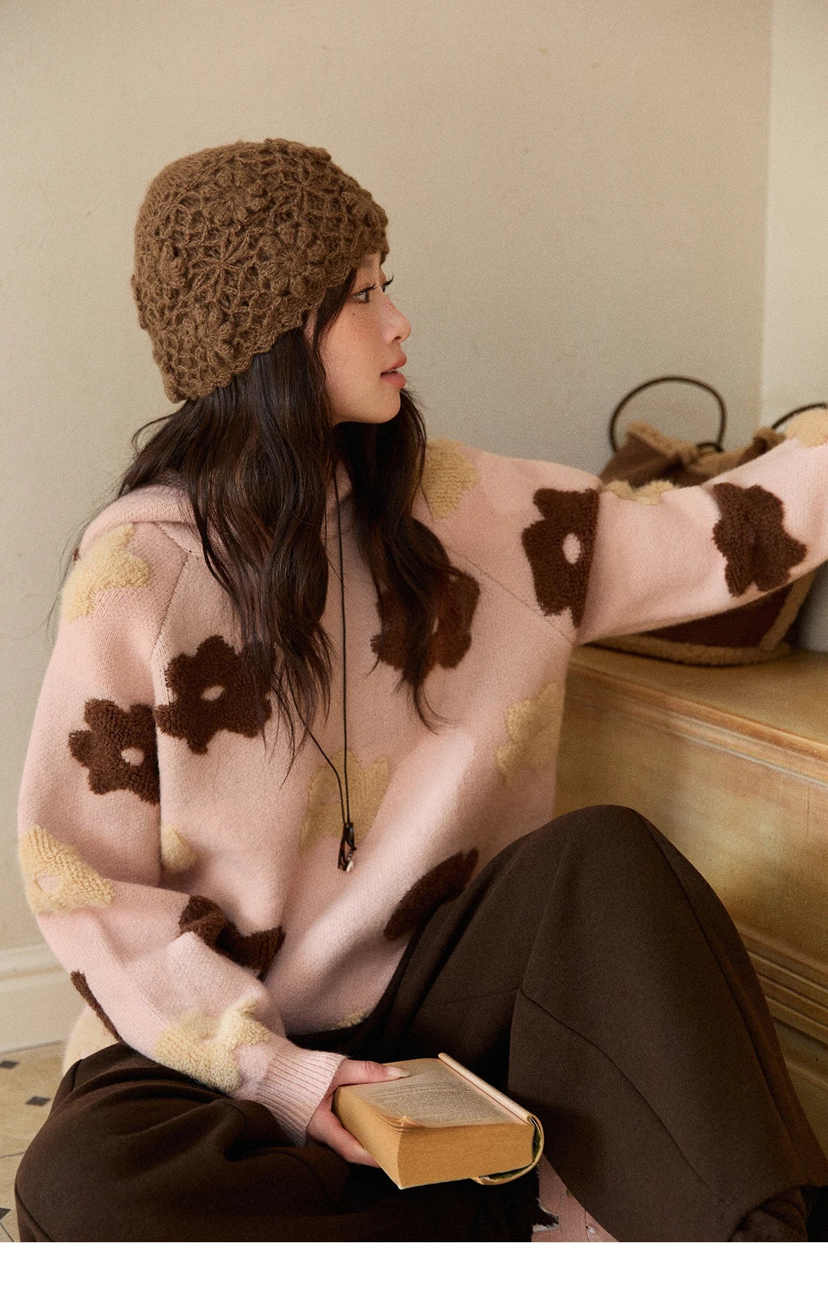 MISHOW Women's Floral Hooded Thick Sweater 2025 Loose Comfortable Pink 3D Jacquard Casual Long-Sleeved Pullovers MXE90Z2786