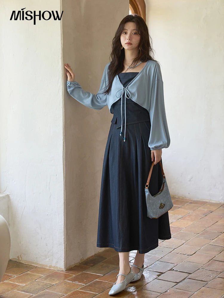 MISHOW Imitation Denim Casual Camisole Desses for Women Autumn 2025 Solid Lace-up Cardigan Separately (Not A Set) MXE41T0693