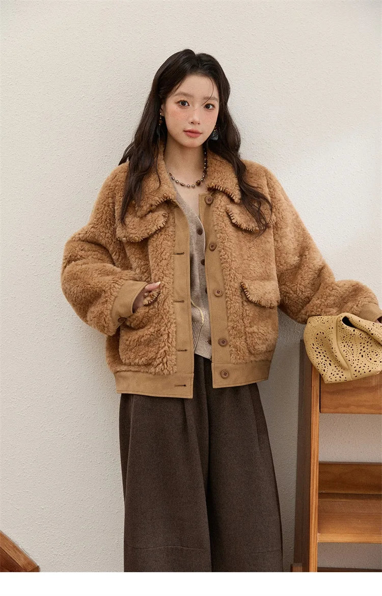 MISHOW Faux Lambskin Coat Women 2025 Winter Retro Turn-down Collar Brown Coat Office Lady Loose Warm Casual Jackets MXE89W0896