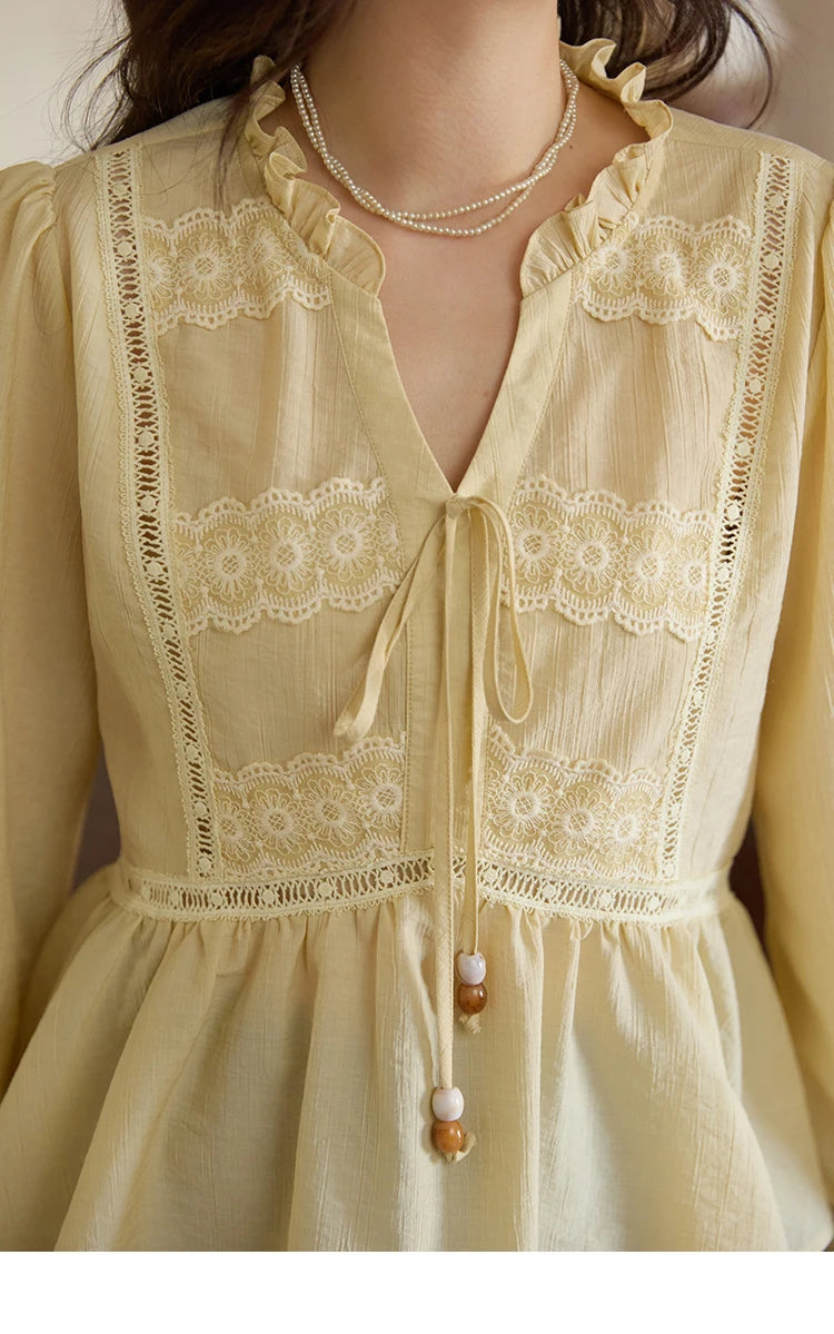 MISHOW French Thin V-neck Blouse 2025 Autumn Lace Patchwork Elastic Cuffs Top Bead Drawstring Lantern Sleeves Blouses MXE41X1925