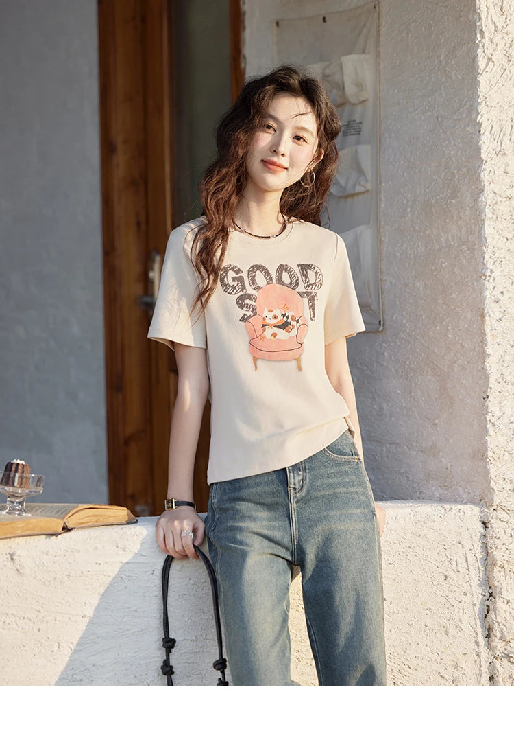 MISHOW Printed Cotton T-shirts for Women Spring 2025 Loose Slim Short Round Neck Tees Versatile Soft Casual Tops MXE13T0461