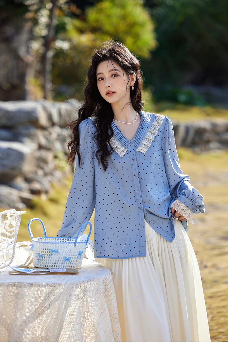 MISHOW Lace Patchwork Polka Dot Shirt for Women Spring 2025 French V-neck Shirt Cuff Splic with Hollowed Out Lace Top MXE12X1707