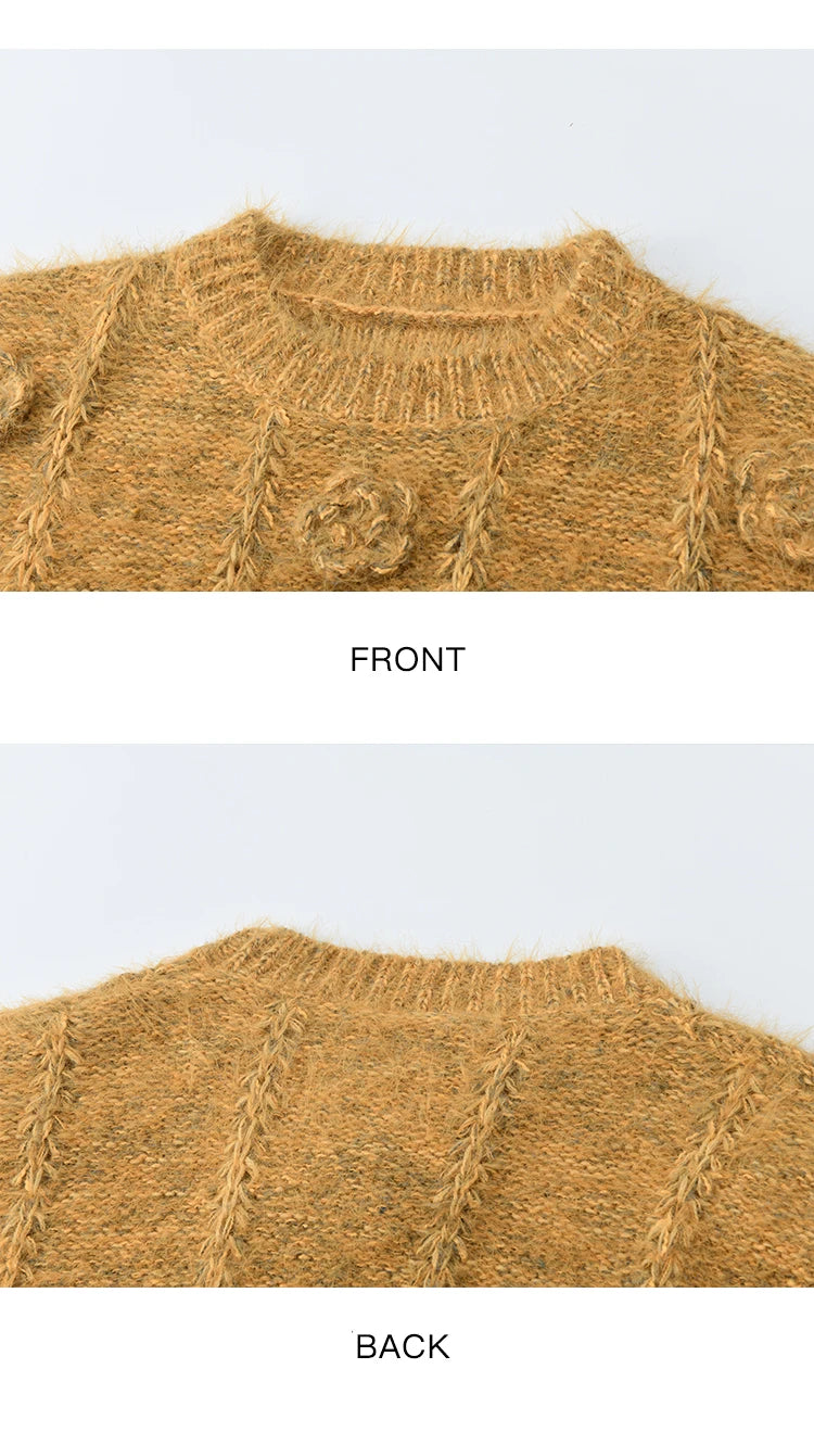 MISHOW Pretty Women's Sweaters  2025 Autumn Retro Yellow 3D Rose Embroidery Loose Casual Tops Long-sleeved Pullover  MXE47Z2563