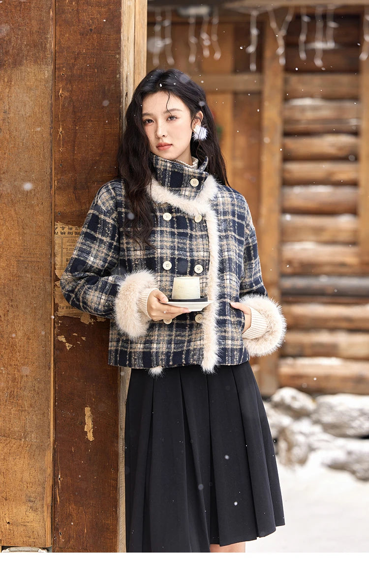 Mishow Vintage Plaid Fur Collar Stand Collar Jacket MXD36W0503