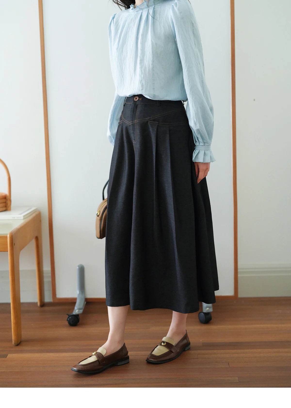 MISHOW High Waist Pleated Umbrella Denim Skirt 2025 Autumn A-LINE Deep Blue Skirts Female One Button Casual Skirts MXE41B2372