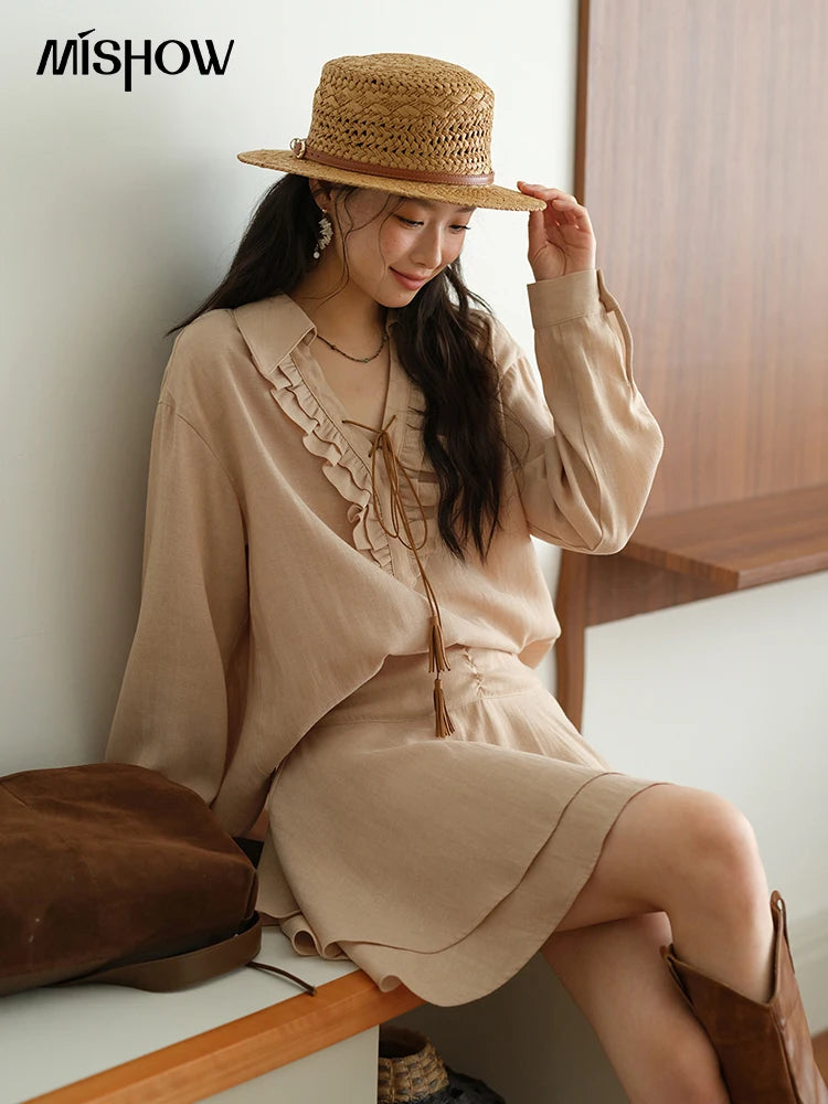 MISHOW Women's Bohemian Skirt Set Autumn Lyocell Blend V Neck Ruffle Suede Tassels Tie Top Back Elastic Waist Skirt MXE43T0727