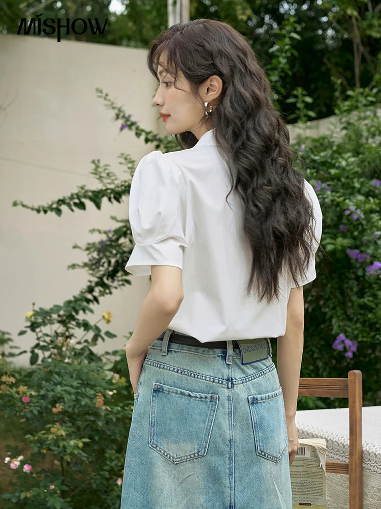 MISHOW Bubble Sleeve V-neck Commuting Shirts for Women 2025 Summer Retro Lapel Neck Short Sleeve Loose Solid Tops MXD28X1471