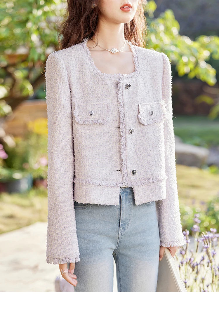 MISHOW Tassel Fragrant Coat for Women 2025 Spring Rose Buckle Weave Short Coats Elegant Square Neck Straight Coats MXE13W0733