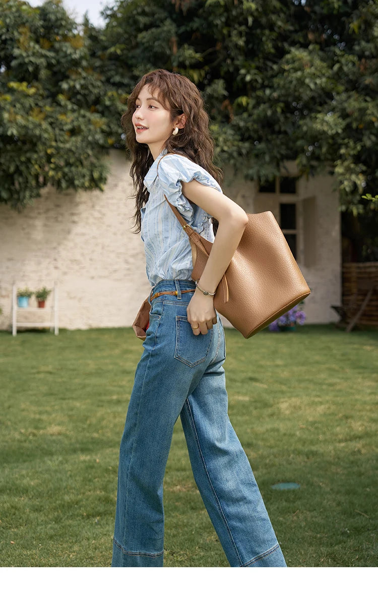 MISHOW Blue Striped Short Sleeve Shirt for Women Summer 2025 Bubble Flower Bud Sleeves Lapel Neck Shirt with Tube Top MXD24C0204