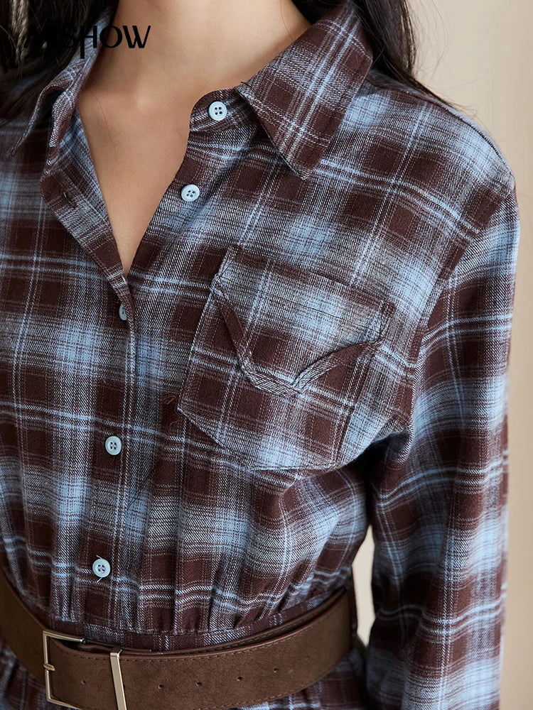 MISHOW Women's Blue Plaid Short Dress 2025 Autumn Retro Turn-down Collar Waist-Cinched Long Sleeve Dress with Belt MXE48L2525