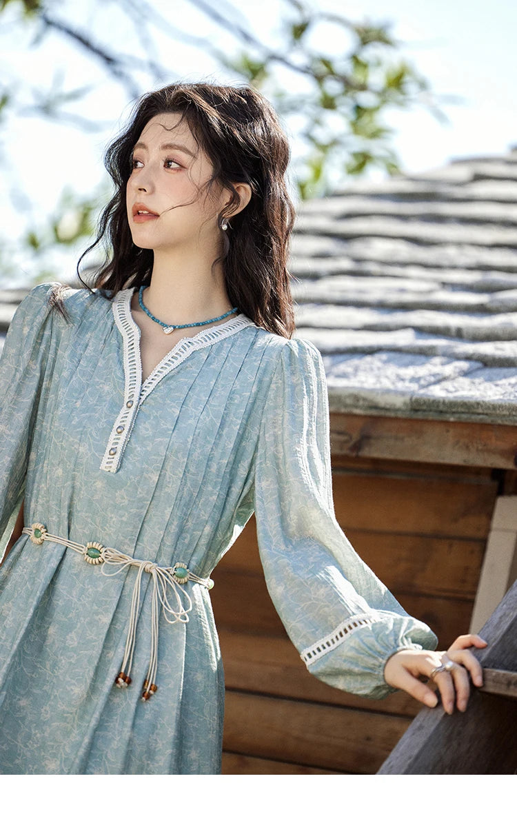 MISHOW Chiffon Printed Dress for Women Spring 2025 French V-neck Hollowed Out Lace Patchwork Medium Length Dresses MXE12L2096