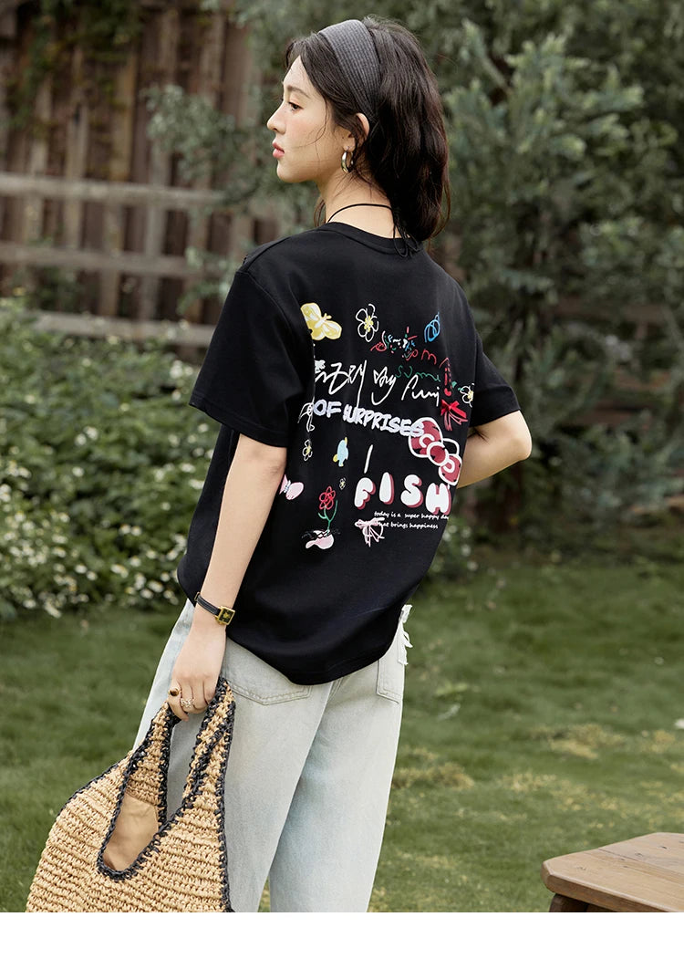 MISHOW Casual Graffiti T-shirt Women Summer 2025 Short Sleeve Round Neck Loose Shirts Female New Fashion Tops Lady MXE15T0475