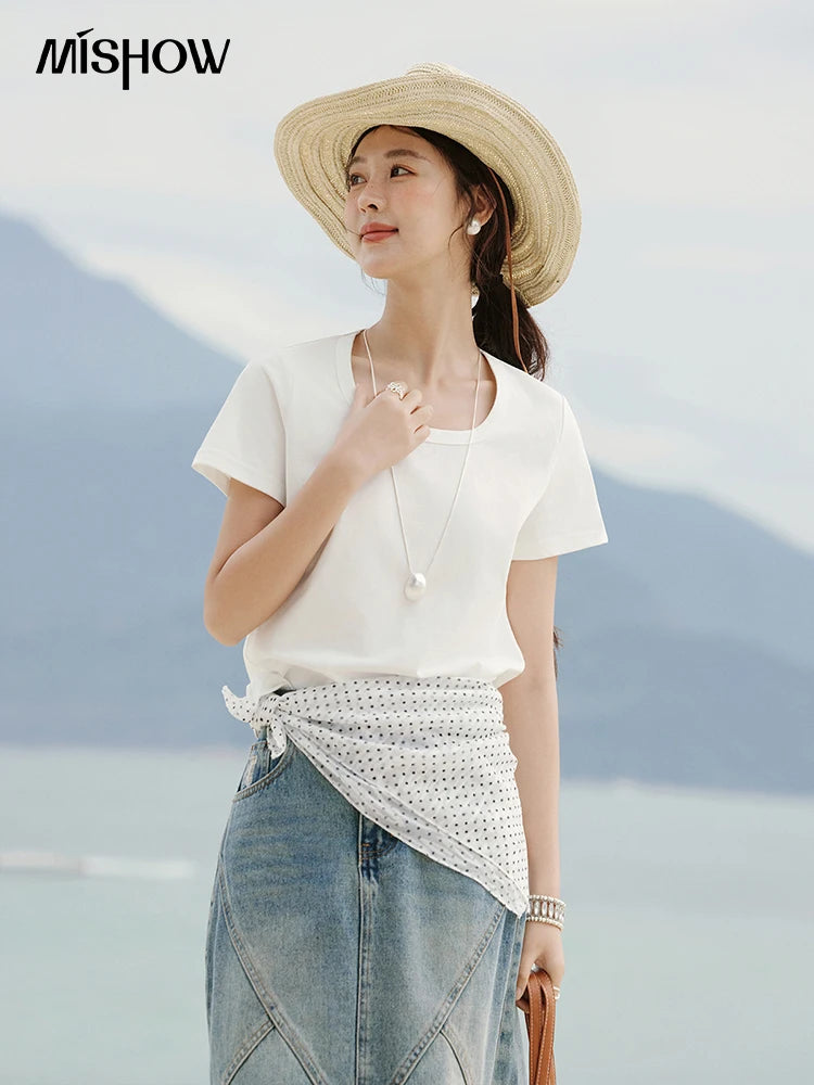 MISHOW Solid Casual T-shirts Women Summer 2025 New Square Neck Short Sleeve Shirt Female Fashion Straight Tops Woman MXE15T0483