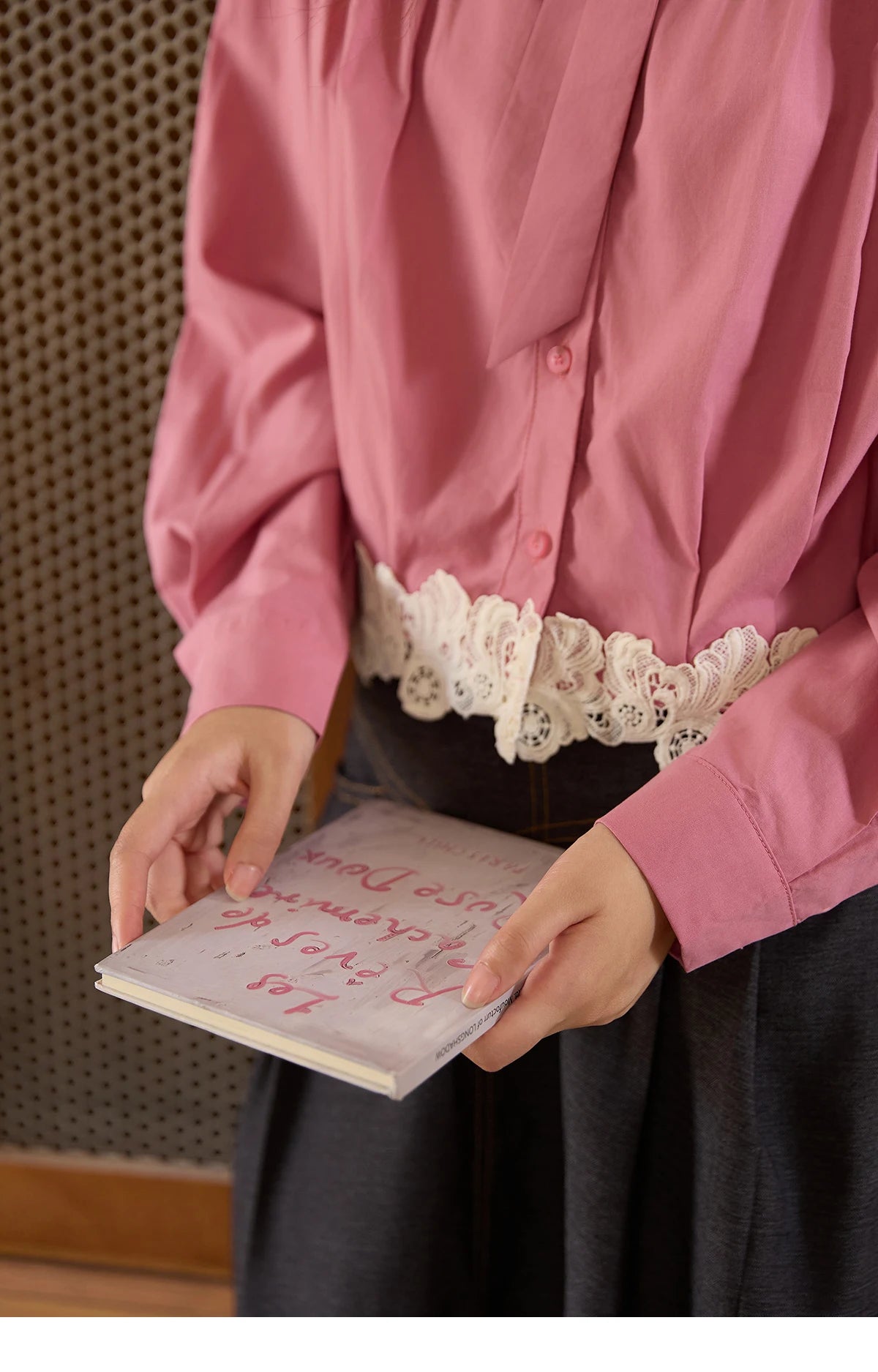 MISHOW Women's Rose Red Stand Collar Shirt 2025 Autumn Bow Tie Hem Splicing Lace Tops Elegant Shirts Office Lady MXE43C2380