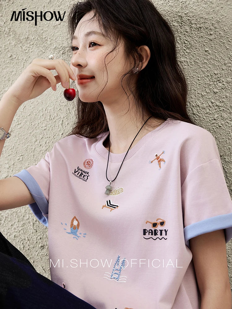 MISHOW Embroidered Casual T-shirt for Women Summer 2025 Short Sleeve Round Neck Shirts Female New Fashion Tops Lady MXE16T0506