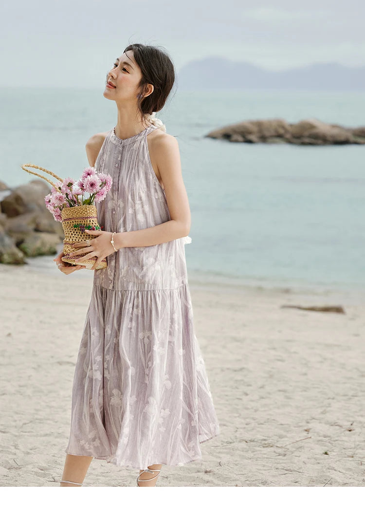 MISHOW Purple Print Chiffon Holiday Dress Women 2025 Summer Sleeveless Stand Collar Slim Dresses Woman New Fashion MXE32L2163