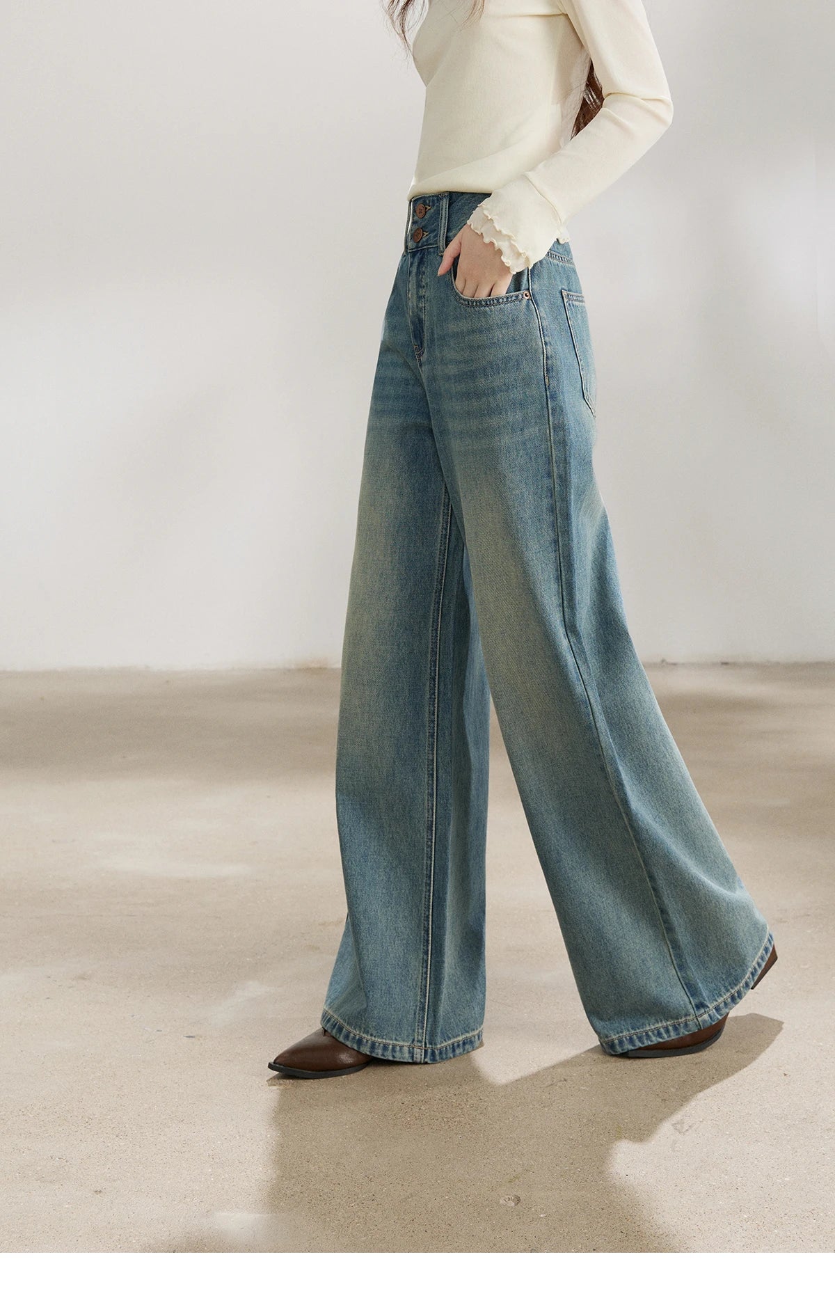 MISHOW Women's Vintage Blue Wide Leg Jeans Spring High Waist Cotton Pants Two-button Loose Casual Denim Trousers MXF108K1005