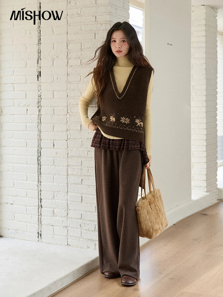MISHOW Woman Sweater Vest 2025 Winter Retro Brown Jacquard V-neck Knitted Vest Loose Commute Versatile Pullover MXE86Z2659