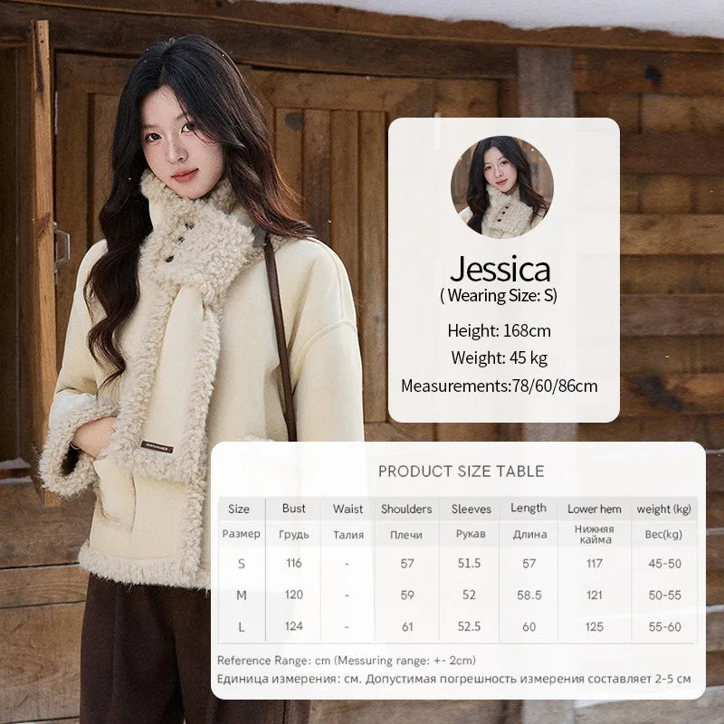 MISHOW Women's Cream Yellow Faux Suede Coat 2025 Winter Included Scarf Thickened Coats Soft Fleece Lined Outerwear MXE91W1019