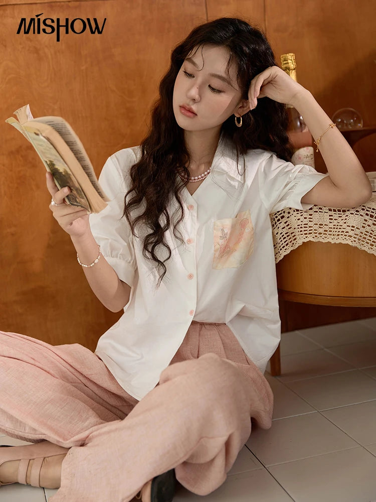MISHOW Women's 100 Cotton Short Sleeved Shirt Loose 2025 Summer Embroidered Pocket Top Polo Neck Puff Sleeve Shirts MXD26C0243