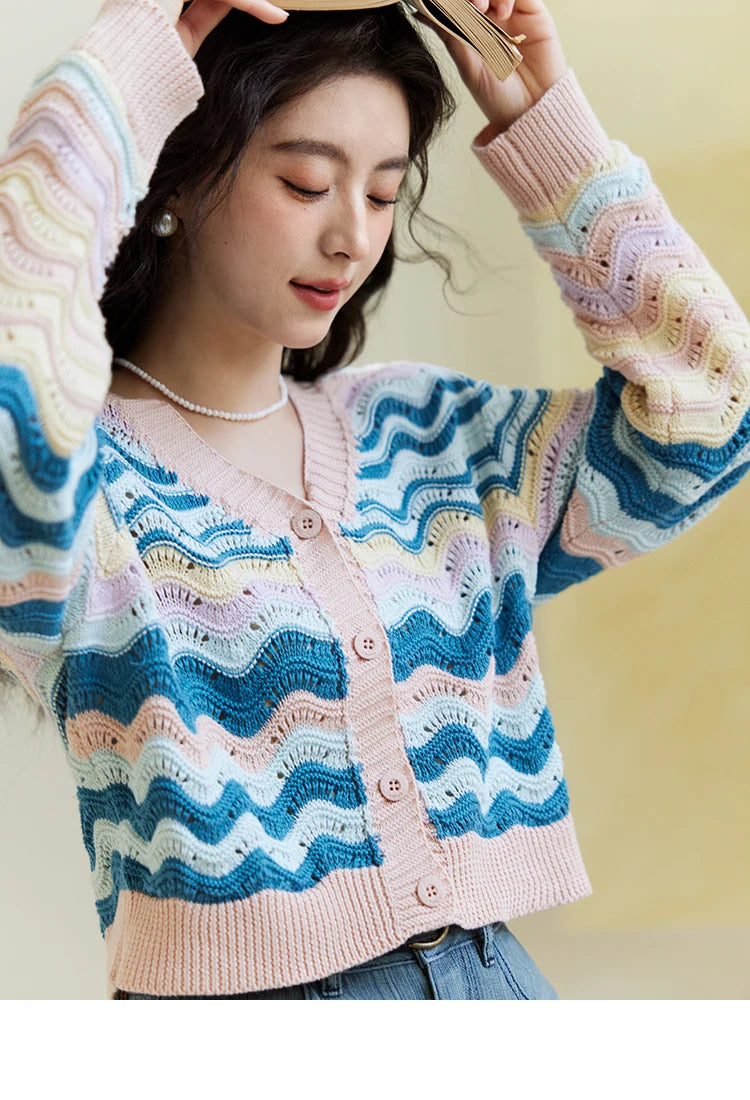 MISHOW Color Stripe Knitted Cardigan Women 2025 Spring V-neck Long Sleeve Loose Cardigans Woman Fashion Office Lady MXE16Z1203