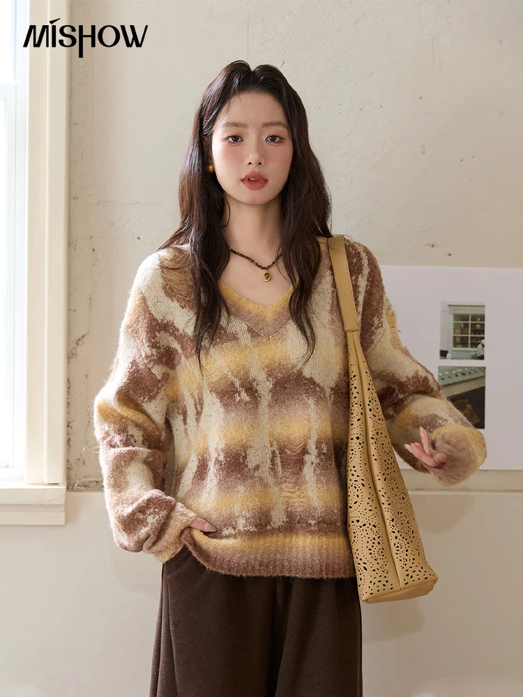 MISHOW Yellow Coffee Gradient Sweater Women 2025 Autumn Winter New V-neck Cable Knit Top Retro Commute Loose Sweater MXE51Z2627