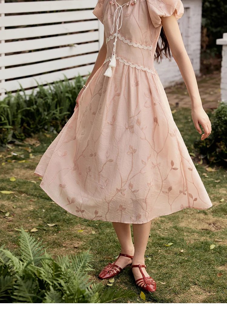 MISHOW Print Office Lady Dress Women Summer 2025 Short Sleeve Round Neck Beaded Neckline Slim Waist Dresses Female MXE33L2208