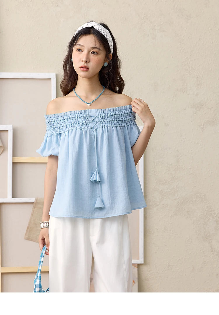 MISHOW Mist Blue One Shoulder Blouse Summer 2025 Elastic Pleated Flower Bud Sleeves Doll Blouses Cotton Blend Top MXE34X1796