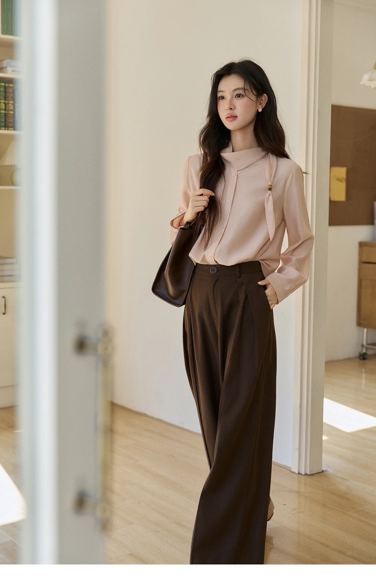 MISHOW Women's Nude Pink Shirt Spring Versatile Ribbon Stand Neck Shirts Button-Down Casual Commute Long Sleeve Top MXE11X2547