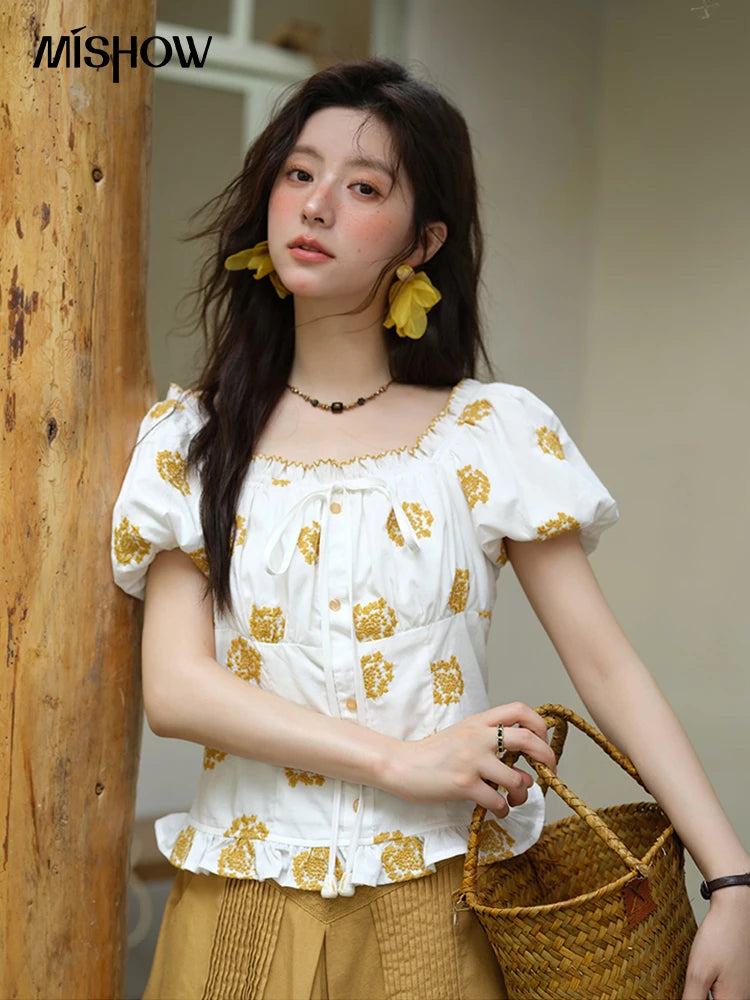MISHOW Fashion Yellow Flower Embroidery Blouse for Woman 2025 Summer New Puff Sleeve Casual Lace Up Button Lady Shirt MXE35X1811