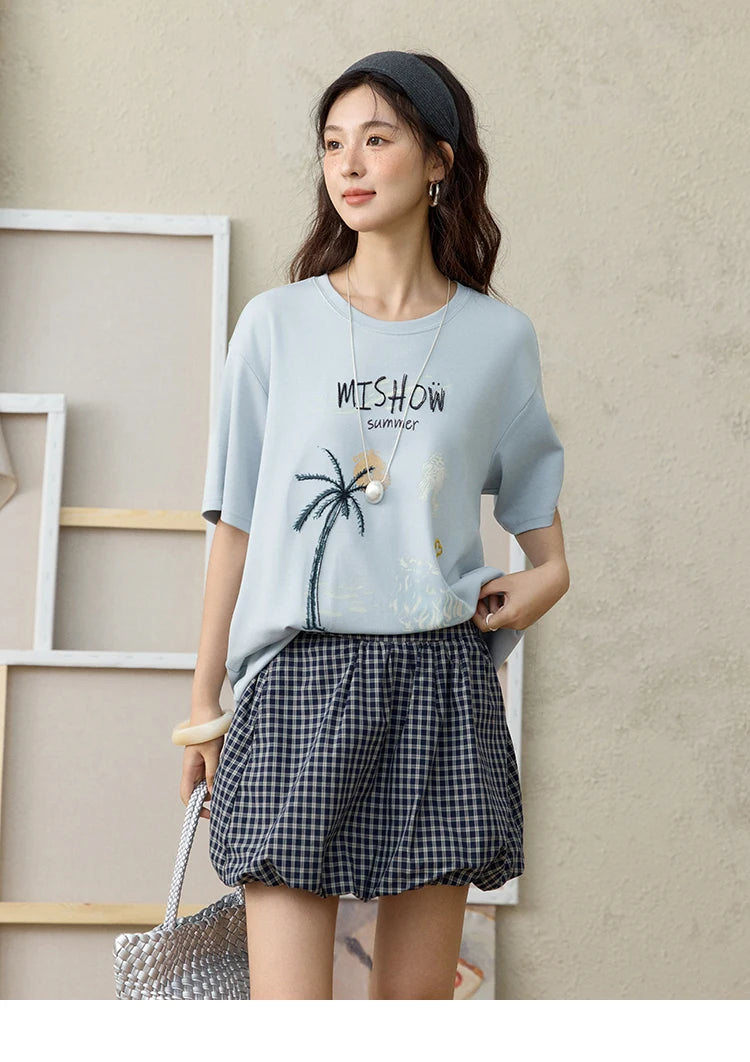 MISHOW Casual Print T-shirts Women 2025 Summer New Short Sleeve Round Neck Coconut Tree Pattern Shirt Woman Holiday MXE31T0516