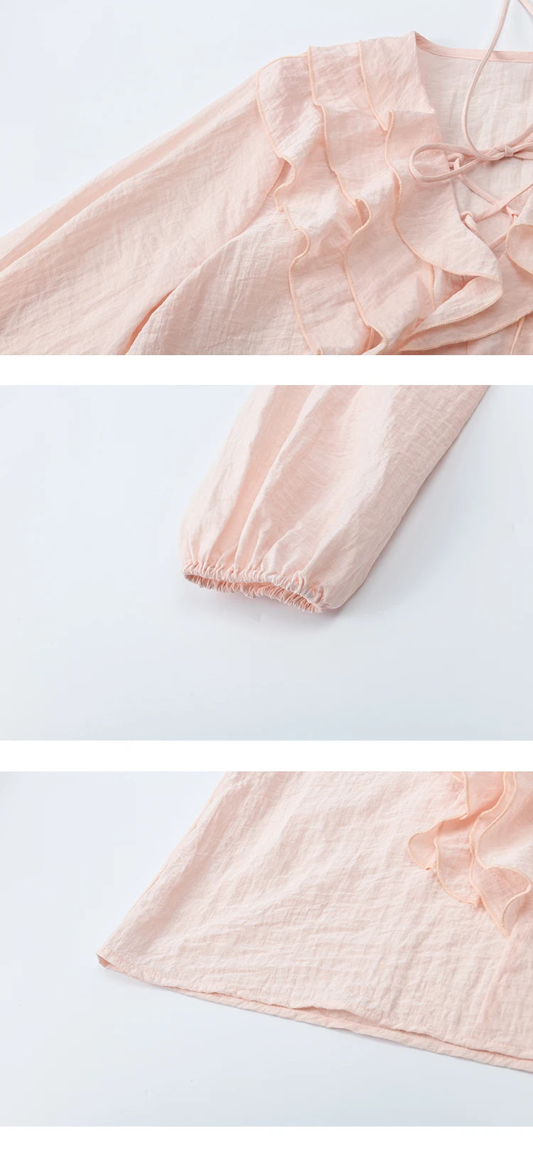 MISHOW Pink Ruffled Blouse for Woman 2025 Autumn New Elegant Sweet V-neck Lace-up Design Shirt Lantern Sleeves Top MXE49X2504