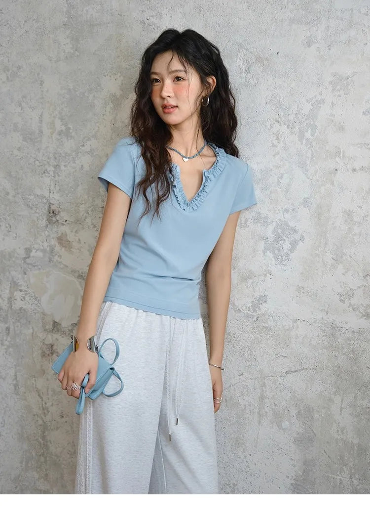 Mishow Lace V-Neck Short Sleeve Tee MXE35T0562