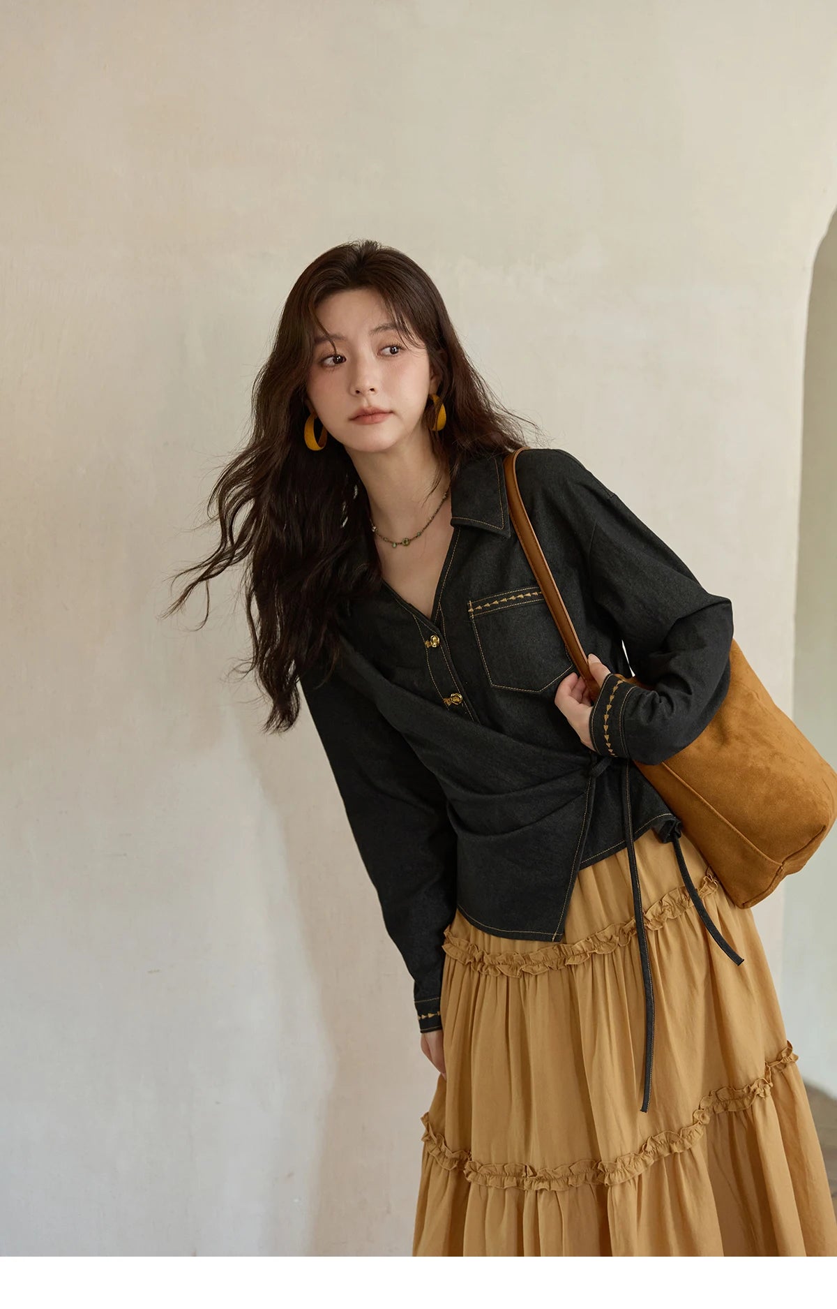 MISHOW Black Imitation Denim Shirt Side Lace-Up Lapel V-Neck MXE42C2374