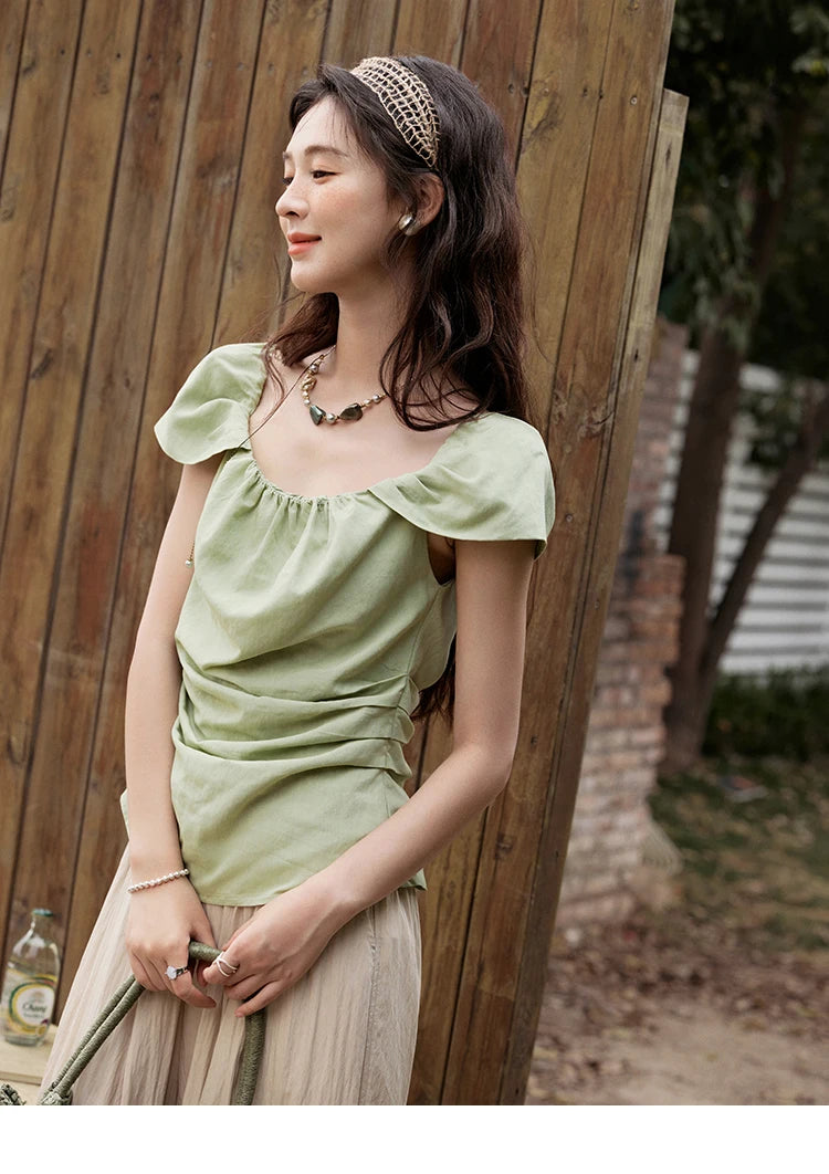 MISHOW French Summer Shirt Women 2025 New Short Flying Sleeve Square Collar Solid Slimming Blouses Female Versatile MXE34X1804