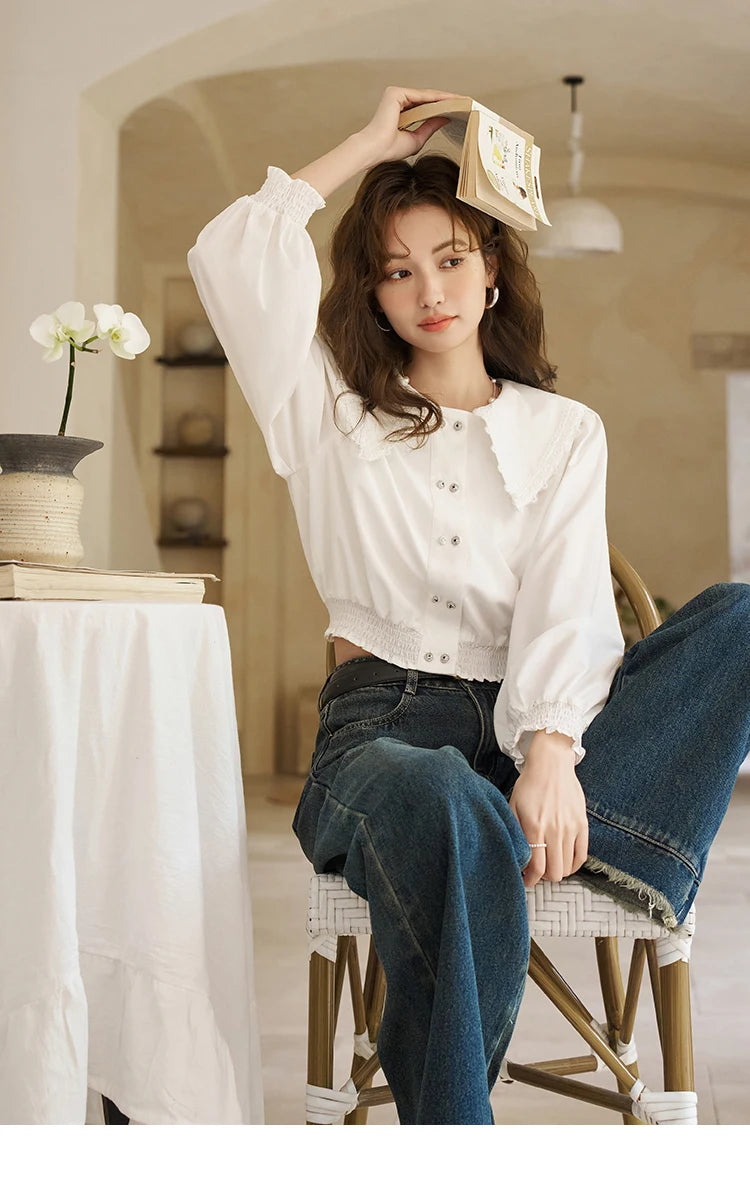 MISHOW Korean Doll Neck Shirt 2024 Spring Lace Patchwork Bubble Sleeve Elastic Hem Double Breasted Solid Short Tops MXD12C0164