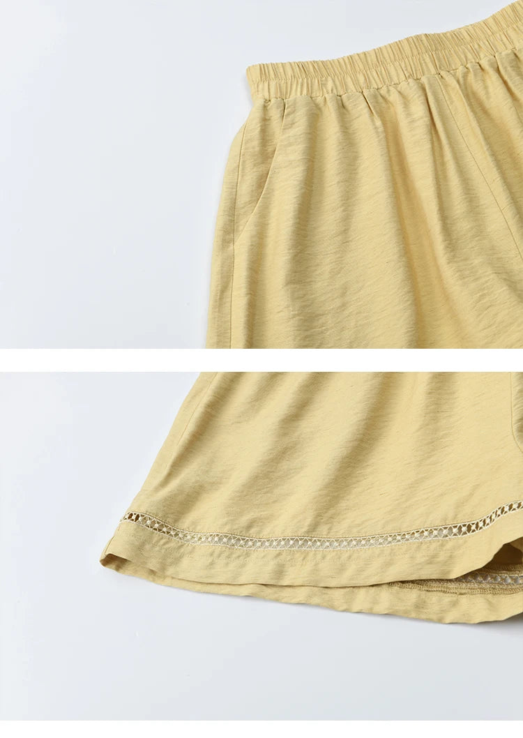 MISHOW Yellow Linen Three Piece Solid Splicing Lace Shirt Camisole Elastic Waist Shorts Vintage Hollowed Out Lace Set MXE42T0718